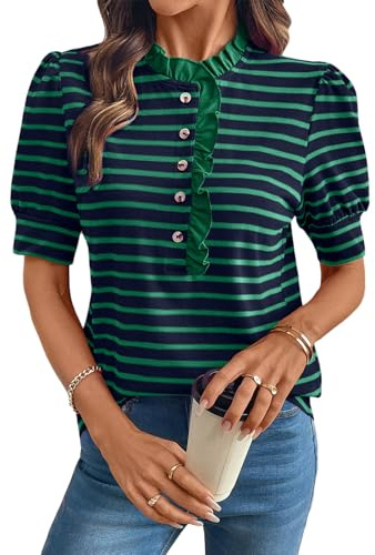 BLENCOT Womens Button Down Shirt Stand Collar Ruffle Top Striped Short Puff Sleeve Shirts Trendy Color Block Blouse Green L