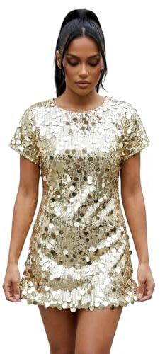 Caziffer Robe Femme Courte Été Mini Robe Brillante avec Sequins à Manches Courtes Robes Pailletté Shiny Col Rond pour Femme Cocktail Party Clubwear
