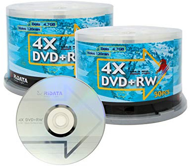100 Pack Ridata DVD+RW 4X 4.7GB Silver Logo Rewritable DVD Plus RW Re-writable Blank Recordable Media Disc