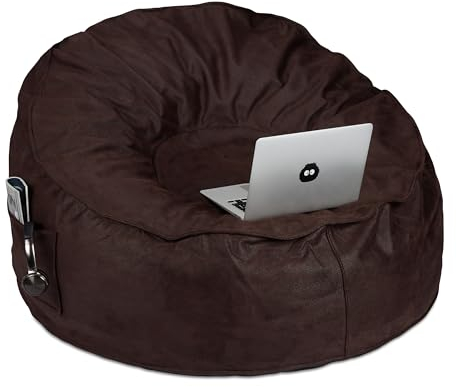 Relaxdays Sitzsack XXL, Wildlederoptik, Schaumstoff, 2 Seitentaschen, Riesensitzsack Erwachsene, Bean Bag, Dunkelbraun