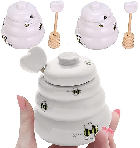 Sonwaha 2 pcs Tarro Miel Cerámica Tarro de Miel con Cuchara Madera para Almacenamiento Y Dispensación De Miel