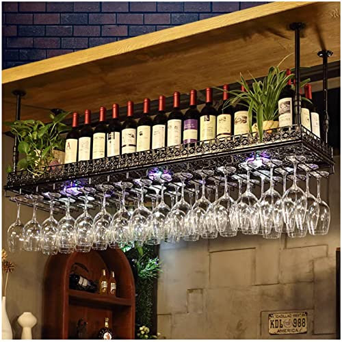 Porta Bottiglie da Vino Soffitto Con Neon Led Ferro metallico Portabicchieri Sospeso in Metallo Decorazione Vintage Display Supporto per la conservazione del vino per Famiglia, Ristorante,Hotel