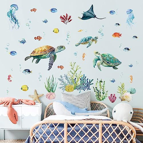 decalmile Wandtattoo Unter dem Meer Wandaufkleber Meeresschildkröten Fisch Seegras Wandsticker Schlafzimmer Badezimmer Kinderzimmer Wanddeko