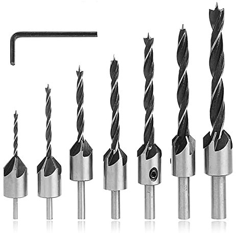Mesee Set di 7 Punte da Legno Svasatore in Acciaio, Punte da Trapano Smusso per Lavorazione del Legno, Fresa per Svasatura con Chiave Esagonale Strumento di Svasatura per Legno (3-10mm)