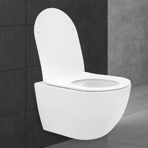 ECD Germany Spülrandloses Hänge WC kurz 49 cm Weiß glänzend mit Nano Beschichtung, Wand-WC, Toilette mit abnehmbaren WC-Sitz aus Duroplast Softclose Absenkautomatik, Tiefspüler WC Keramik Lotus Effekt
