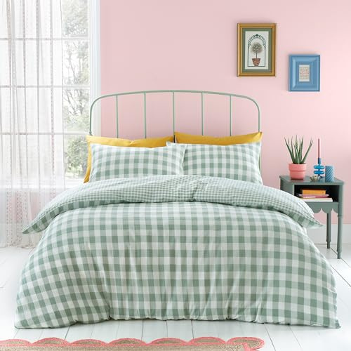 Catherine Lansfield Seersucker Gingham Check Single Duvet Cover Set Green