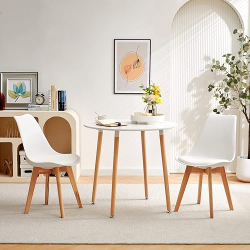 LafeuR Esstisch mit 2 Stühlen Essgruppen, Esszimmergruppe Küchentisch-Set für 2 Personen Sitzgruppe für Wohnzimmer Küche Büro(Runder Weiß Tisch + 2 Buche Weiß Stühl)