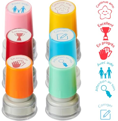 KBIBCK Lot de 6 Tampons Enseignants Français, Tampon Ecole pour Enseignant, Tampons Encreur pour Enfant avec Boîte, Tampons Auto Encreur TamponEnseignant Maternelle Cadeau pour Professeur TamponEcole