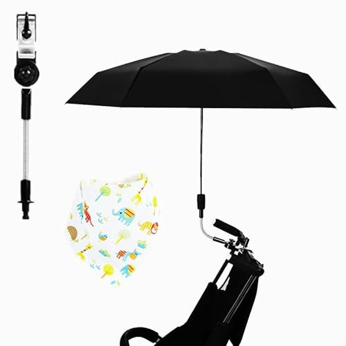 AzulLanse Sonnenschirm Buggy,Sonnenschirm Kinderwagen UV Schutz 50+,Universal Sonnenschirm für Kinderwagen,Sonnenschutz Regenschirm für Kinderwagen und Buggy,90 cm,1 Babylätzchen-schwarz -schwarz