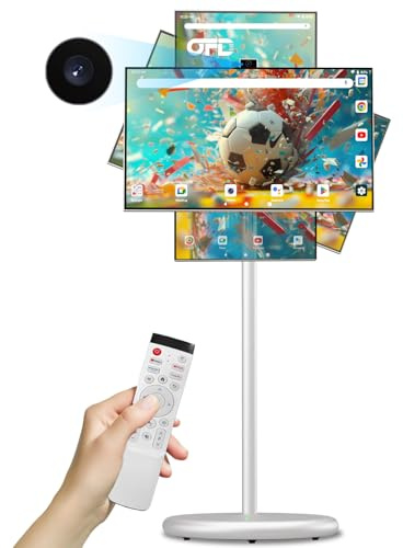 OFD 27 In Portable TV on Wheels 2nd Gen 1080P,Android 15 OS,6GB RAM+128GB ROM,100%sRG Swivel Rotation Smart Touchscreen,Rolling TV with 4K Webcam,USB-A-Remote,9000mAh Battery,EDLA-Certified,Off White