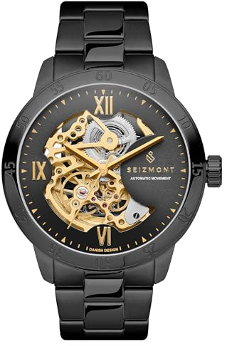 Seizmont Montre bracelet automatique Trendhim pour homme, motif squelette gris acier, fabriquée en acier inoxydable 316L et verre saphir., Noir, or, argent, Bracelet