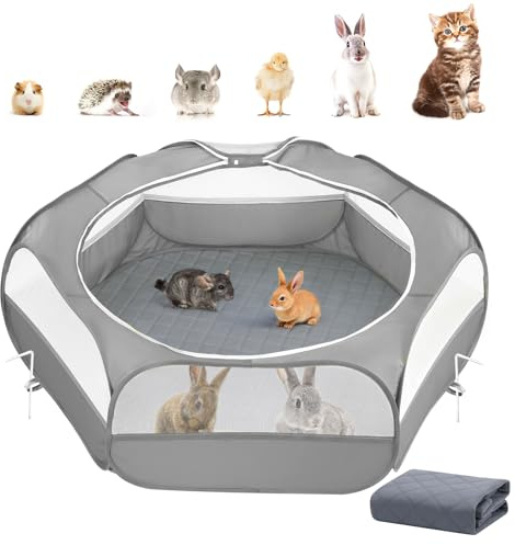 Parc pour Petits Animaux 2-en-1 avec Coussin, Cage pour Petits Animaux Imperméable avec Coussin Réutilisable, Clôture de Cour Extérieure avec 3 Tiges en Métal pour Poussin/Chaton/Chiot, Gris
