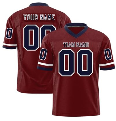 Maillot de Football Américain Personnalisable pour Hommes Femmes Jeunes Préscolaires T-Shirts avec Logo Nom et Numéro de l'équipe Manches Courtes à Séchage Rapide Vin Rouge