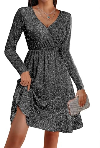 Zeagoo Robes Manches Longues Femme Robe Paillettes Elegant Col en V Robes de Cocktail Taille Haute Robe De Soirée Festive Noir M