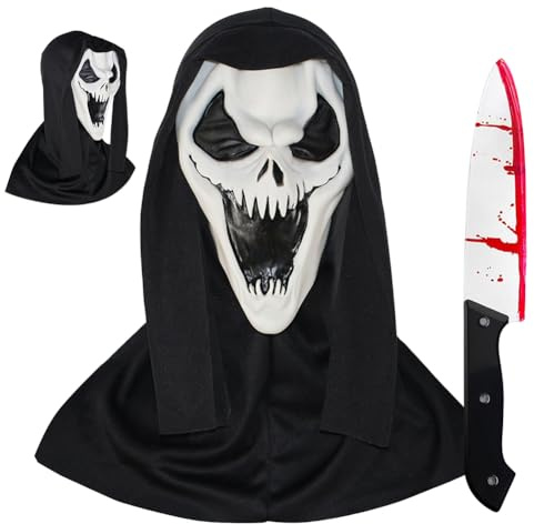 OZXVXZO Masque hurlant Halloween, Masque effrayant en latex Avec Sanglant Plastique Couteau, Masque intégral effrayant Accessoire Déguisement,pour Enfants, Hommes, Femmes, Halloween, Festival, Fête-C