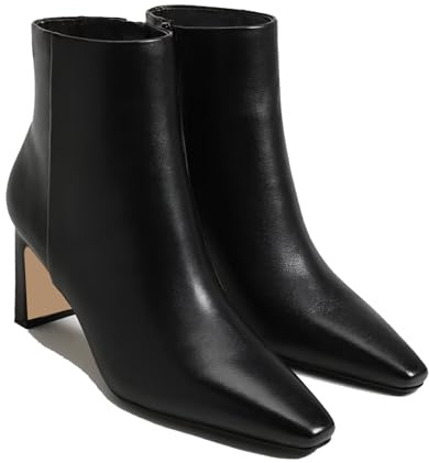 MICIFA Women's Ankle Boots Chunky Low Heel Leather Black Booties with Side Zipper Square Toe Fall Winter Dress Heeled Short Boots Leather Black