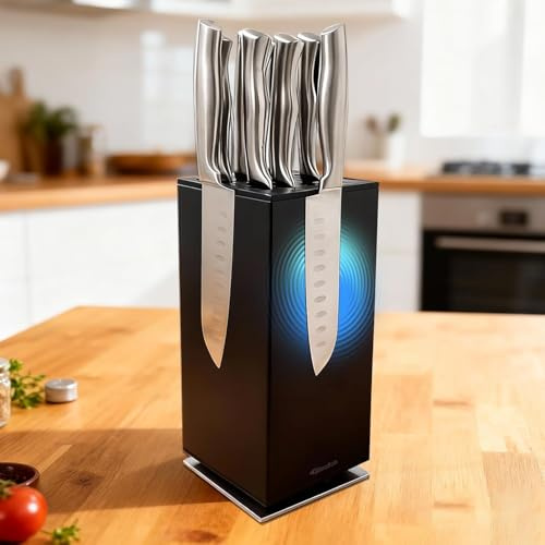 Magnetic Knife Block 360° rotatable, Stainless Steel Magnetic Knife Block Without Knives Black, Magnetic Knife Holder Stand for Kitchen & Utensils - Universal Knife Holder for Knives & Tools