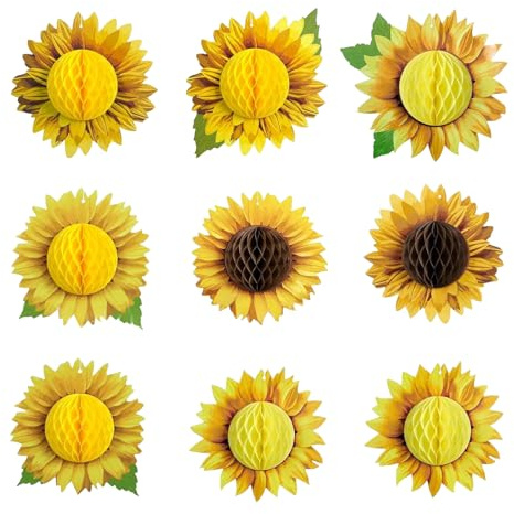 9 vassoi di carta girasole, decorazione a nido d'ape di girasole, fiori di carta, decorazione da appendere, gialla in carta velina, fiori di compleanno, matrimoni, baby shower