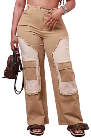 Baggy Vintage Patchwork Jeans for Women High Elastic Waist Straight Wide Leg Stretch Cargo Denim Pants Streetwear Flap Pocket Loose Trousers, Khaki,Small