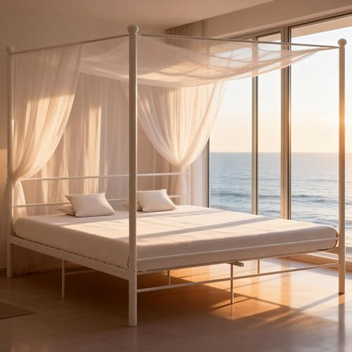 Woonisher Lit à baldaquin en métal Blanc 180x200 cm, Design élégant avec Cadre supérieur, lit Simple en métal pour Une Ambiance Romantique dans la Chambre.