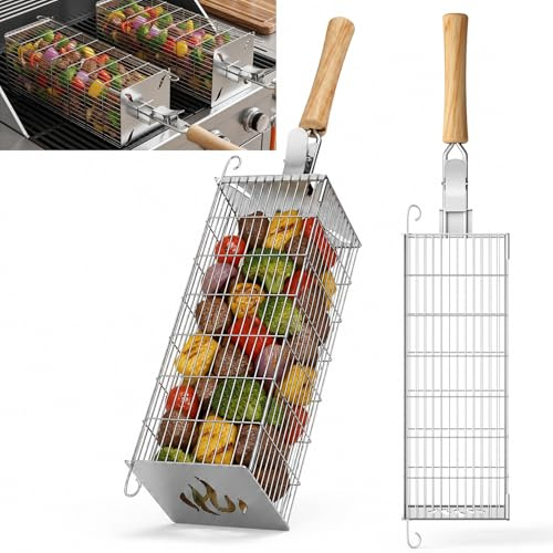 TNTOR Uppsättning av 2 fyrkantiga grillkorgar, 304 rostfritt stål med avtagbart trähandtag, stor volym, perfekt för gasgrill, träkol, camping, grilltillbehör för grönsaker och kött, presentidé för män