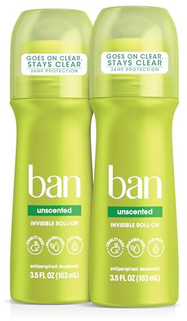 Ban Invisible Roll-on Antiperspirant Deodorant for Women and Men, 24-hour Underarm Odor & Sweat Protection, Unscented, 3.5 Oz, Pack of 2