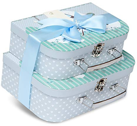 Presentpack för Nyfödd Bebis - Två Klara-att-Fylla Blå Lådor med Satinband och Tagg för Små och Medelstora Babyshower Presenter till Babypojkar