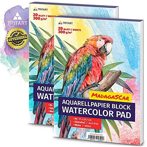 Tritart HOCHWERTIGES Aquarellpapier 300g / Din A4 / Weiß / 20 Blatt | Aquarellblock 2 Mal SPARANGEBOT