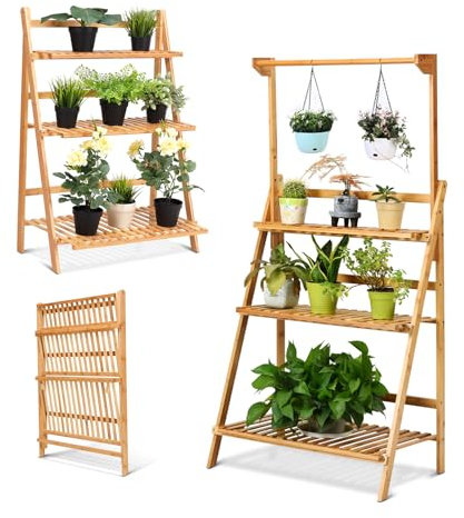 COSTWAY Escalera para Plantas de 3 Niveles Estante de Bambú para Flores Soporte de Macetas para Jardín Balcón