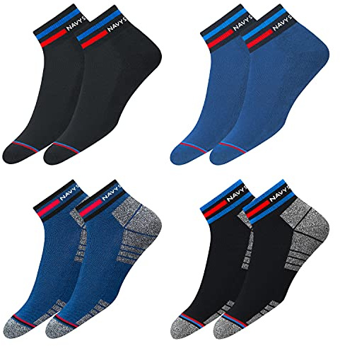 NAVYSPORT Originales Chaussettes Sport Homme Femme Coton Coussin - Lot de 4 Paires Socquettes Courtes Quart Basses Unisexe, Denim Bleu (2 Paires) | Noir (2 Paires), Taille: 43-46