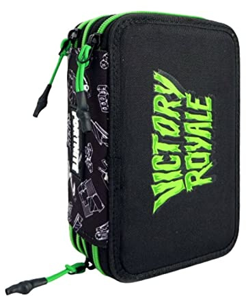 Federmäppchen kompatibel mit Fortnite 3 Ebenen, Reißverschluss, komplett mit Victory Royale + gratis Schlüsselanhänger Spiel Cubo + mehrfarbiger Stift