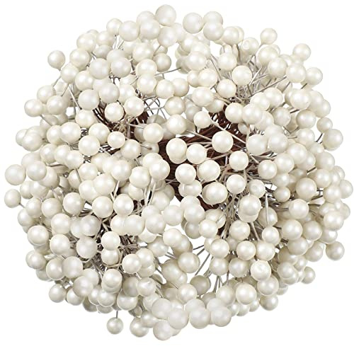 BBTO Artificial Holly Berries on Wire Stems, 250 Stems with 500 Pieces 8 mm Fake Berries for Christmas Tree Decorations Wreath Craft Use Wedding Party Favor (White)