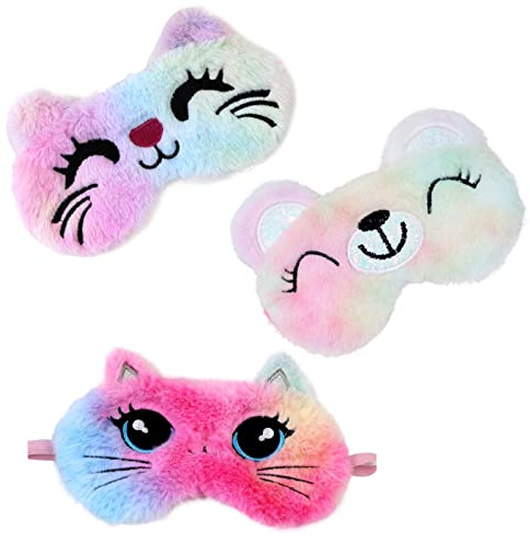 SacJkt Máscara del Sueño, Juego de 3 Pz Máscara de Ojos Antifaz para Dormir Gatito Oso Tigre 3D Felpa Suave Linda para Dormir para Mujeres y Niñas Viajar Hogar Oficina Descansar (Colorido)