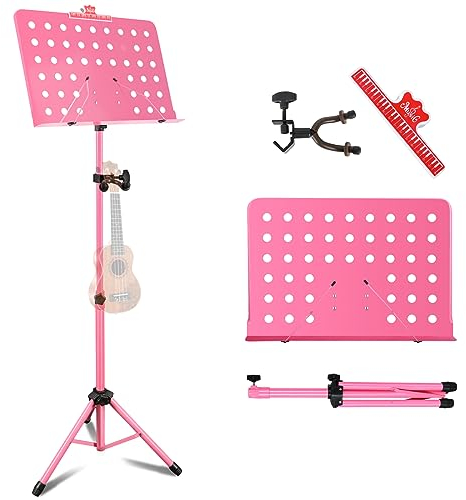 EastRock Faltbarer Notenpult, Notenpult, Notenpult mit Haken für Ukulele, Höhe und Winkel verstellbar, aus Metall (Rosa)