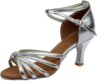 PLAFOPE High Heels Knotted Strap Satin Dance Shoes for Women Silver Latin Dancing and Banquet Wear Easy to Wear with Elegant Snakeskin Design
