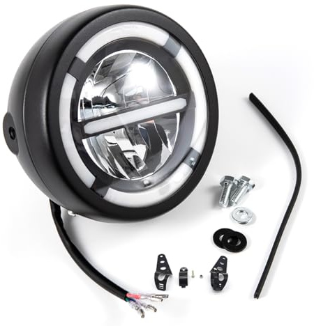 APEBAZY Conjunto de faro universal para motocicleta Luces LED de circulación diurna Faro delantero redondo para motocicleta Faro para motocicleta Cafe Racer Bobber Chopper