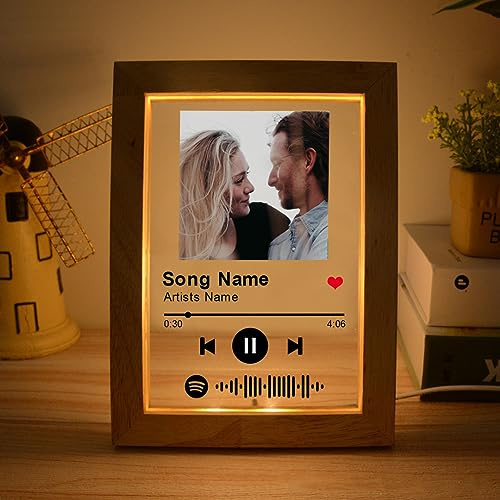 Personalized Spotify Song Plaque Acrylic Glass Photo Custom Night Light - Customize Scannable Code Picture Lamp (Wooden Frame)