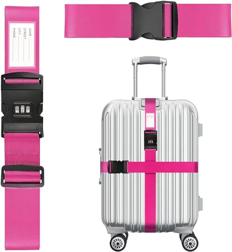 Koffergurt mit Zahlenschloss, 2 Stück Einstellbare Kofferbänder Premium Koffer Gurte Gepäckband Gepäckgurt Kofferband mit Namensschild & Adressschild für Reisen (Rosenrot)