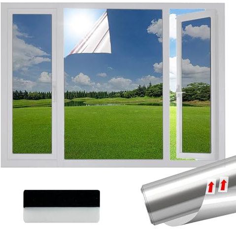 Samheito Window Film Privacy 60 × 200 cm One Way Mirror Film Self-Adhesive Reflective Window Film Anti Glare Privacy Film for Glass Windows Bathroom Window Tint Film UV Blocking for Home Office Silver