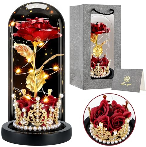 BoriYa Geschenke für Frauen - Muttertagsgeschenke für Mama, Ewige Rose im Glas, Rot Infinity Rosen mit Licht, Schöne und das Biest Rose in Glaskuppel, Frauen Geschenk für Geburtstag, Jahrestag
