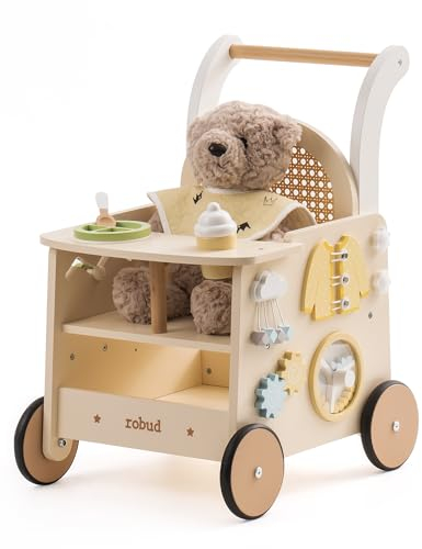 ROBUD Holz lauflernhilfe Baby Walker, 2-In-1 Puppe Lauflernwagen mit Montessori Busy Activity Board für Motorik, Sicherheitsbremse Spielzeug Laufwagen, Geschenk für Kleinekinder ab 10 Monate+