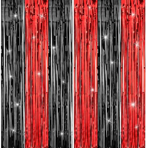 Dimeho Paquete de 2 cortinas grandes con flecos rojos y negros, cortinas de fondo de aluminio negro y rojo, serpentinas de oropel para decoración de cumpleaños, graduación, fiesta de Navidad,