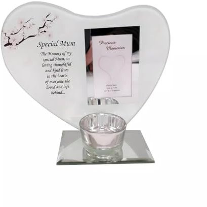 Special Remembrance Memorial Mum Tea Light Holder - Home Decor - Loved One Memorial - Heart Shape Tealight - Picture Stand with Poem (Special Mum, White)