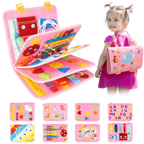 Funsland Montessori Busy Board leksak, småbarn Quiet Book Activity Board bil flygplan reseleksak, baby motorikleksak, sensorisk pedagogisk leksak gåva flicka från 1 2 3 4 år, rosa