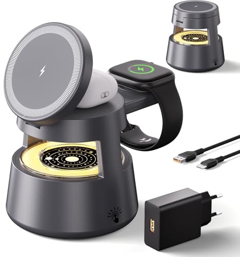VOSFEEL 4 en 1 Soporte de Carga Inalámbrica Magnético, 15W Qi Certificado Portátil con Luz – Cargador Rápido para iPhone 16/15/14, Samsung, Google Pixel, AirPods, Apple Watch, etcétera