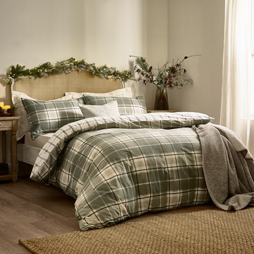 Ropa de Cama Wylder Nature Braemar a Cuadros: algodón Cepillado Suave, Reversible y con Cierre de Botones (Verde/Natural - Doble)