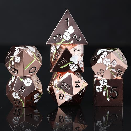 Elifel Metal DND Dice Set 7 PCS Flower Metallic Heavy Solid D&D Dice Set for Dungeons and Dragon TTRPG Tabletop Role Playing Game