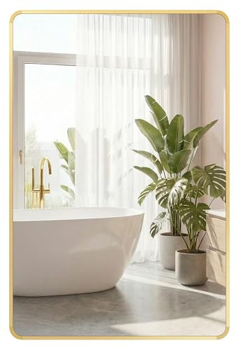 SONGMICS Specchio Bagno, Specchio da Parete, Rettangolare, Cornice in Alluminio, 91 x 61 cm, Pellicola di Sicurezza, 2 Opzioni di Sospensione, Soggiorno Camera da Letto, Oro Pallido LWM010AB01