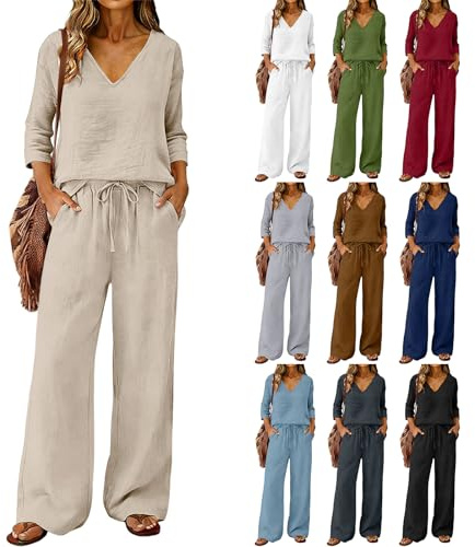 Linen Sets for Women 2 Piece Summer Holiday Casual Beach Vacation Travel Outfits Loose Fit 3/4 Sleeve V-Neck Henley Tops Wide Leg Drawstring Trousers Lounge Wear Sets for Women UK