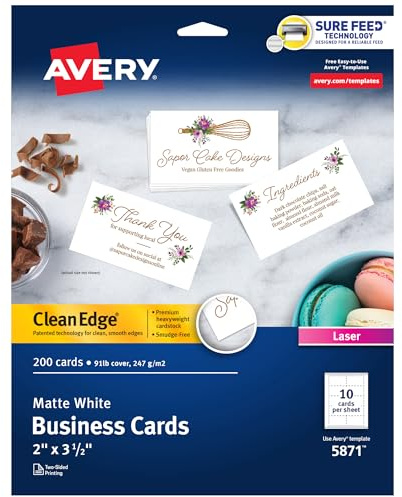 Avery Clean Edge Printable Business Cards with Sure Feed Technology, 2 x 3.5, White, 200 Blank Cards for Laser Printers (5871)